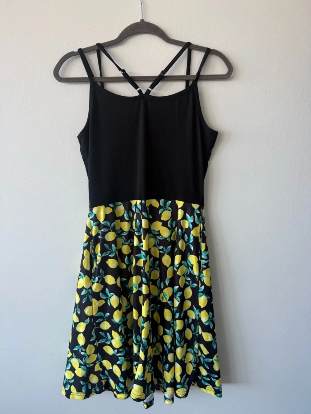 Black Lemon-Print Mini Dress with Strappy Back